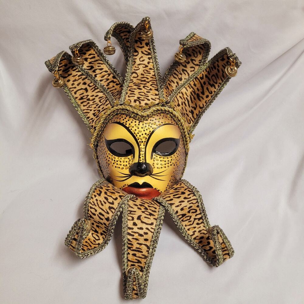 Venetian Style Wall Mask Green Gold Crackle Paper Mache Jester Mardi Gras Decor